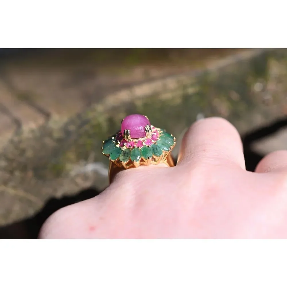 Ruby Emerald Floral Ring – Handmade Boho Statement Ring – Vintage Style Gemstone